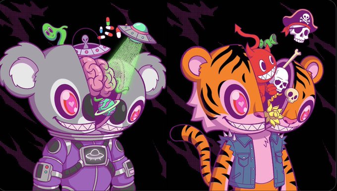 Colorful digital artwork featuring two cartoon tiger-like characters - one as a cyborg with a UFO above its head, and another as a pirate.
