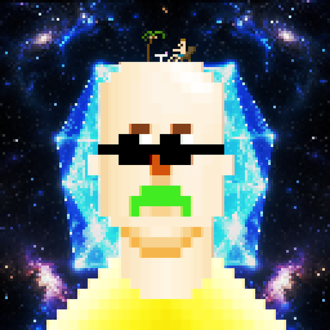 A pixel art portrait of a bearded figure wearing dark sunglasses against a cosmic blue background, with a small sprouting plant on top of their head.