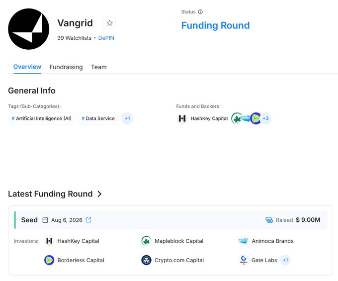 A funding platform page for 'Vangrid' (DePIN) shows a Seed funding round raised $9.00M on Aug 6, 2026, with investors including HashKey Capital, Mapleblock Capital, Animoca Brands, Borderless Capital, Crypto.com Capital, and Gate Labs.