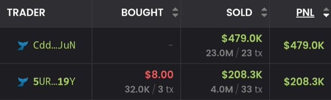A leaderboard screenshot shows two traders profiting significantly, with wallet "Cdd...JuN" gaining $479.0K from $479.0K in sales and "5UR...19Y" turning just $8.00 into $208.3K, illustrating the post's point about how small crypto investments can yield life-changing returns during memecoin season.