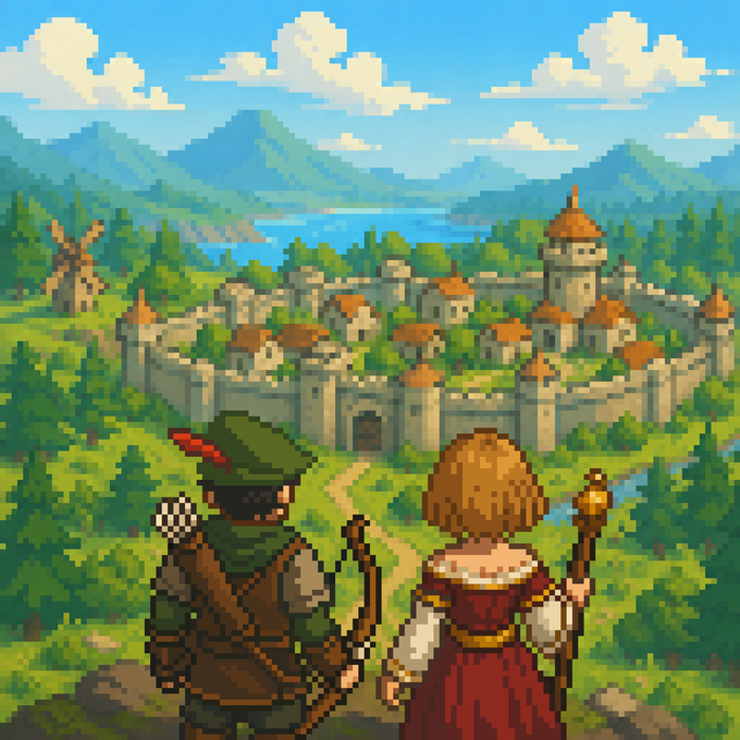 Two adventurers—a hooded archer in green and a red-robed figure wielding a staff—stand on a hilltop overlooking a walled medieval village with orange-roofed towers, a windmill, and distant mountains, rendered in nostalgic 16-bit pixel art style. The fantasy imagery aligns with the partnership announcement, evoking an epic quest-like journey into the Xeetersyn community collaboration.