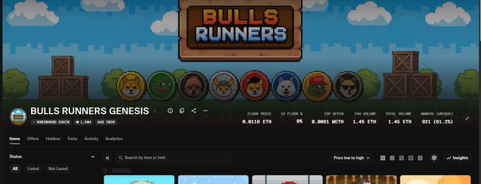 A digital marketplace page for "BULLS RUNNERS GENESIS" on Robinhood Chain shows a pixel-art interface with various animal avatars and Ethereum trading data including a floor price of 0.0116 ETH.