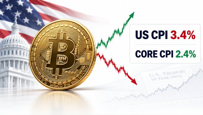 A financial graphic featuring a gold Bitcoin coin overlaid on the U.S. Capitol building and American flag, with a chart showing US CPI at 3.4% and CORE CPI at 2.4% alongside green and red trend arrows.