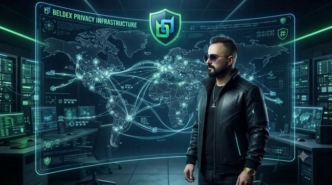 A man wearing a black leather jacket and sunglasses stands in front of a large, glowing holographic world map labeled 'BELDEX PRIVACY INFRASTRUCTURE'.