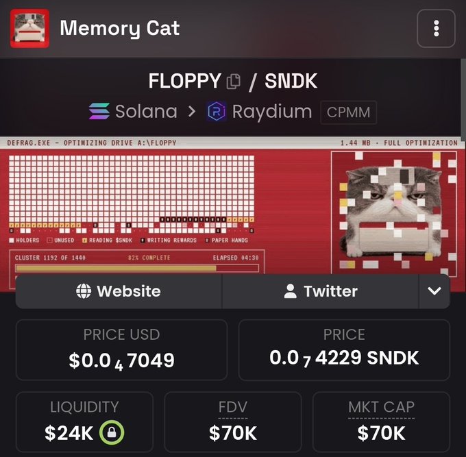 A cryptocurrency tracking page for 'Memory Cat' (FLOPPY/SNDK) on the Solana/Raydium network, showing a deflationary token with a price of $0.0₄₇₀₄₉ and a market cap of $70K.