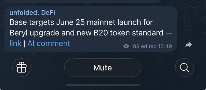 The image features a cell phone screen with text displayed, likely from an email or messaging app. The main content of the message is about an event that's happening on June 25th - Baryl Upgrade and new B20 token standard. There's also information about a link to another message sent by someone named "Al comment". The image suggests that the user has received the news related to this event or update, possibly as part of their daily communication.