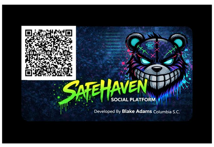 The image features a black background with a large, colorful graphic of a bear's face. The bear has a green and blue color scheme, giving it an edgy and unique appearance. Below the bear, there is a white barcode that reads "safe-haven.tech/auth?ref=F0EB4". This barcode likely contains information about the creator or owner of the image, such as their name, email address, or website. The overall design of the image suggests it could be related to an advertisement for safe haven, possibly promoting a new product or service.