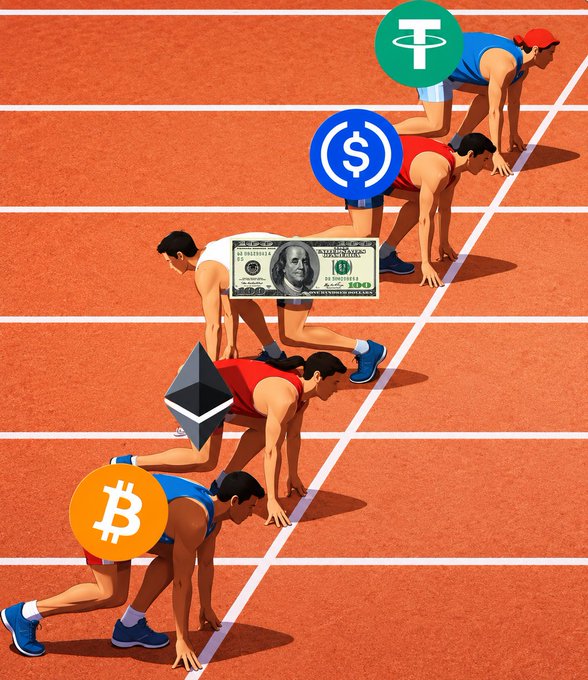 Five athletes crouch at the starting line of a track, each with a cryptocurrency logo or currency hovering above them: USDT ($), USDC, Ethereum (Ξ), Bitcoin (₿), and Tether. The image, paired with "WHALE WATCH: Do you understand?"—likely referencing crypto "whales" (large holders)—visually depicts different cryptocurrencies lining up to "race," suggesting a competitive comparison or upcoming movement among major crypto assets.