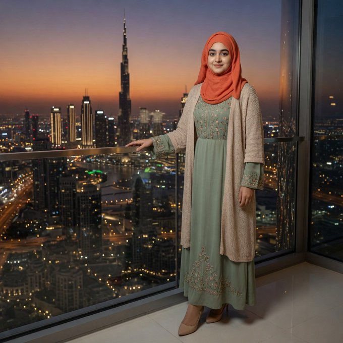 A woman in traditional attire stands on a balcony overlooking the Dubai skyline at dusk, symbolizing the long-term view and patience required for building wealth, as hinted by the "red candles" and "real wealth" in the post.