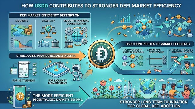 The image presents a flowchart illustrating how stablecoins contribute to stronger DeFi market efficiency, focusing on factors like market stability, efficient asset management, and increased trading volume due to improved settlement options. The use of stablecoins as reliable assets for settling transactions is highlighted in the chart.