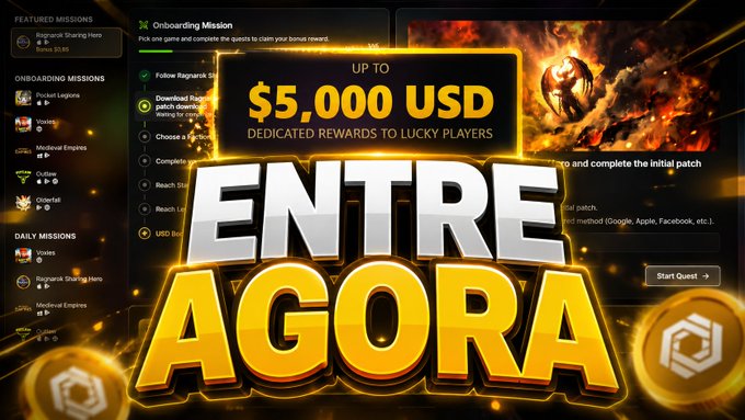 The image features a poster for Entre Agora, which is an online game that offers rewards to players who complete missions or challenges within its virtual world. The poster displays the text "Entre Agora" at the top, followed by a description of the game and its rewards system. It also includes a list of rewards available in the game, such as Gems bônus and Key Complete, which can be earned through completing various missions or challenges. The image is accompanied by three gold coins scattered around it, adding to the overall visual appeal and emphasizing the rewards aspect of the game.