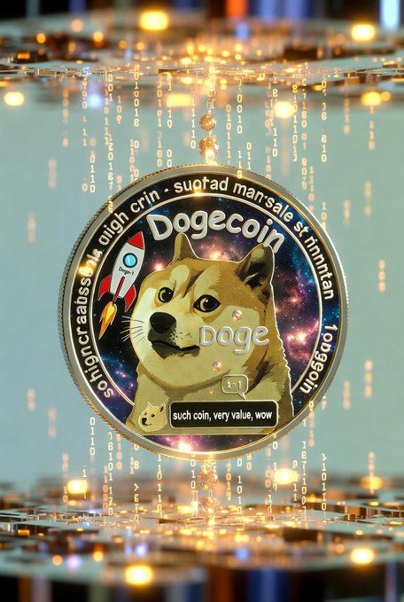 A silver Dogecoin coin with a space-themed background, featuring the Shiba Inu, a rocket, and text including 'Dogecoin', 'Doge', and 'such coin, very value, wow', surrounded by falling binary code.