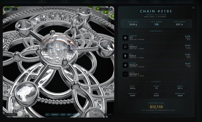 A jewelry website interface displays an ornate silver chain necklace with diamonds, labeled "CHAIN #3195," weighing 26.69g with 179 stones and 8.87ct, priced at $12,110.