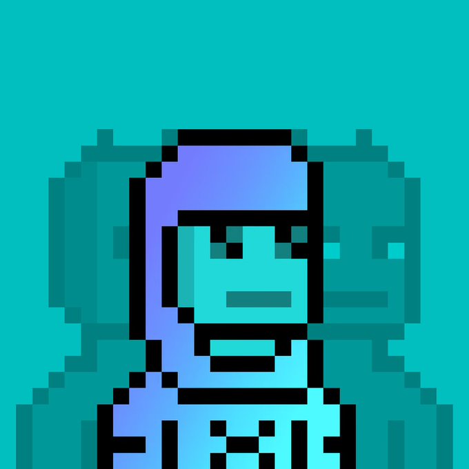 A pixel art portrait of a person with blue hair and headphones against a teal background.