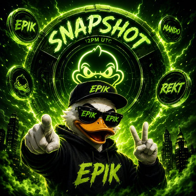 'SNAPSHOT 12PM UTC' promotional graphic featuring an EPIK duck character in sunglasses and a hoodie, set against a green stormy city backdrop with 'EPIK', 'MANDO', and 'REKT' badges.