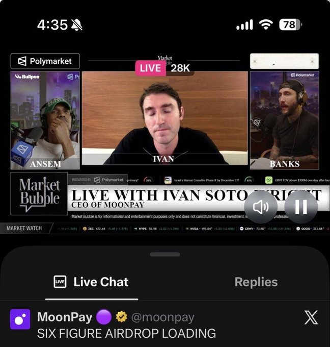 The image shows a phone screenshot of a Polymarket livestream titled "LIVE WITH IVAN SOTO-WRIGHT, CEO OF MOONPAY" featuring guests Ansem, Ivan, and Banks, with a MoonPay tweet below announcing "SIX FIGURE AIRDROP LOADING." The tweet from @moonpay directly connects to the user's post, showing the viral announcement that flooded timelines.