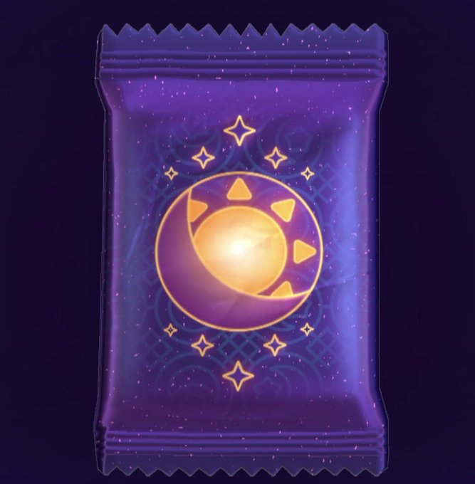 A purple gacha pack from Sleepagotchi features a glowing sun and moon emblem surrounded by stars, symbolizing the app's sleep-themed gamification. The pack's celestial design directly ties to the post's enthusiasm for collecting heroes and battling nightmares through gamified sleep habits.