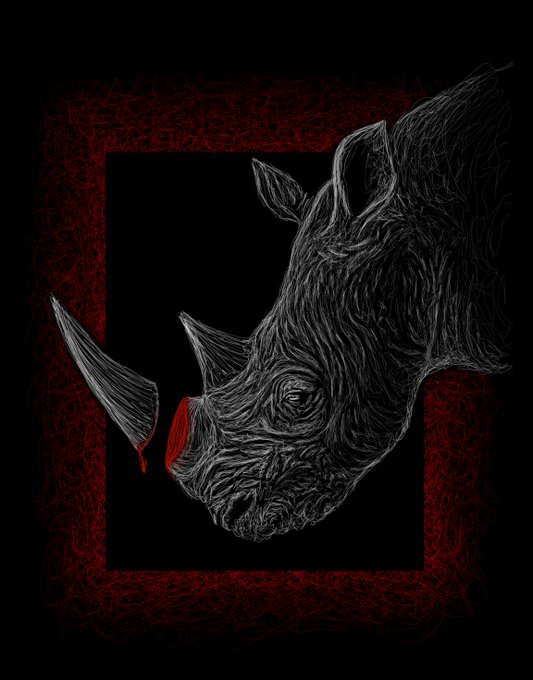 A dark, stylized etching or illustration of a rhinoceros head is shown in profile with red accents on its horn, set against a black background with a dark red rectangular border.