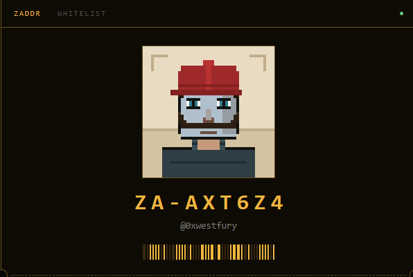 A dark digital display showing a pixel-art character wearing a red cap and a mask, with the text 'ZADDR WHITELIST', 'ZA-AXT6Z4', '@xwestfury', and a barcode.