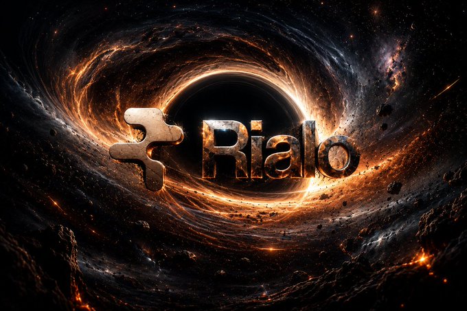 A cosmic black hole vortex in fiery orange and dark tones features the metallic 3D text "Rialo" alongside a stylized logo, visually symbolizing a powerful gravitational pull or foundational force in the crypto space. The imagery evokes a sense of deep, underlying infrastructure—fitting the post's message about the unglamorous but essential foundation layer (legal frameworks, data protection, identity verification, and cross-chain communication) that real-world asset tokenization truly depends on.