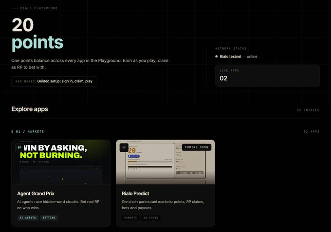 The image shows the Rialo Playground dashboard with "20 points" displayed prominently, alongside an "Explore apps" section featuring "Agent Grand Prix" (tagged AI Agents and Betting) and "Rialo Predict" (tagged Markets and On-chain). Network status confirms "Rialo testnet" is online, illustrating the post's guide on how to claim points via the testnet faucet and try dApps.