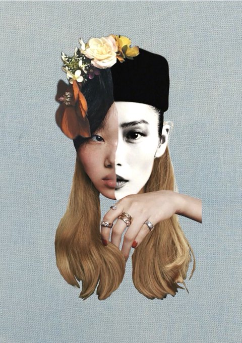 A stylized portrait of a woman with two-toned blonde and dark hair wearing a floral headpiece, posed with her ring-adorned hand near her face.