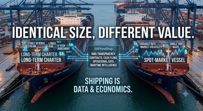 An infographic overlaid on a photo of two container ships in a port compares charter types with the headline 'IDENTICAL SIZE, DIFFERENT VALUE.' It contrasts 'LONG-TERM CHARTER' (Stable Revenue Stream, Lower Risk) with 'SPOT-MARKET VESSEL' (Variable Rate, Market Volatility), highlighting @EthraShip and the statement 'SHIPPING IS DATA & ECONOMICS.'
