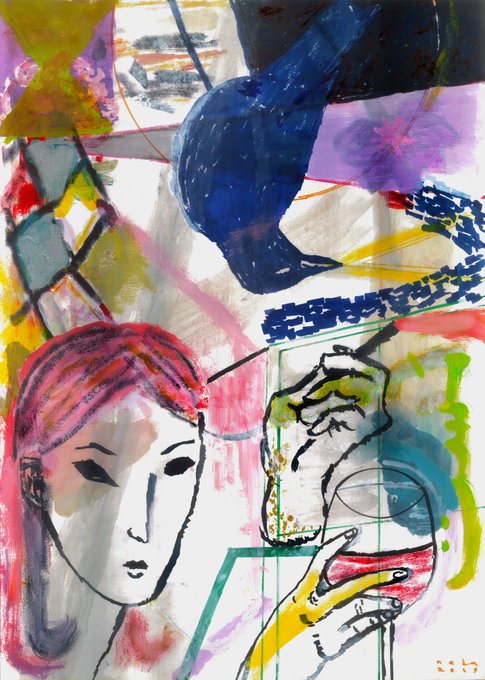 An abstract painting featuring a stylized portrait of a figure with pink hair in the lower left, alongside colorful brushstrokes, a blue form, and a sketch of a hand holding a magnifying glass, dated '22.7.17'.