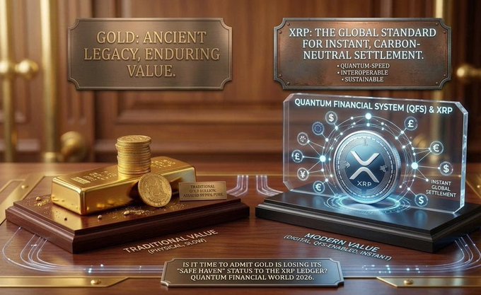 The image presents a split visual comparison titled "Gold: Ancient Legacy, Enduring Value" versus "XRP: The Global Standard for Instant, Carbon-Neutral Settlement," featuring a stack of gold coins and bars on the left labeled as "Traditional Value (Physical, Slow)" and a glowing holographic XRP display on the right labeled "Modern Value (Digital, Sustainable, Instant)," with a caption asking "Is it time to admit gold is losing its 'safe haven' status to the XRP Ledger? Quantum Financial World 2026." The graphic visually reinforces the post's argument by framing physical gold as outdated and slow while positioning XRP as the faster, sustainable, and interoperable settlement standard of the future.