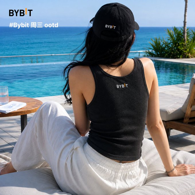 A woman in a black tank top and white pants sits by an infinity pool overlooking the ocean, wearing a black cap with 'BYBIT' branding; the text 'BYBIT #Bybit 周三 ootd' appears in the corner.