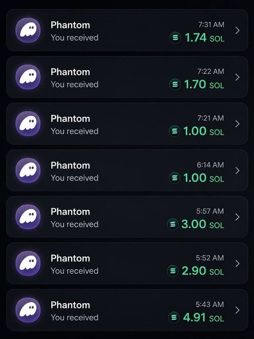 A mobile app screen shows multiple 'Phantom' transactions received in SOL cryptocurrency, including amounts like 1.74 SOL, 1.70 SOL, and 4.91 SOL.
