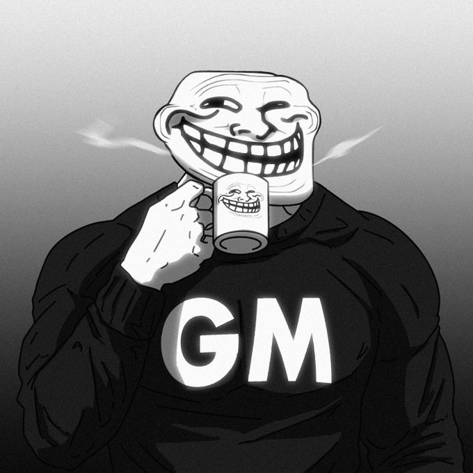 A black and white troll face meme character wearing a sweater with 'GM' (Good Morning) printed on it, drinking from a mug featuring a smaller troll face.