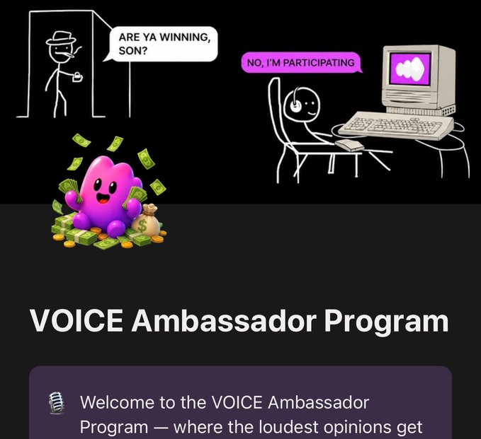 A graphic showing a cartoon parent and child with text 'ARE YA WINNING, SON?' and 'NO, I'M PARTICIPATING,' above the heading 'VOICE Ambassador Program'.