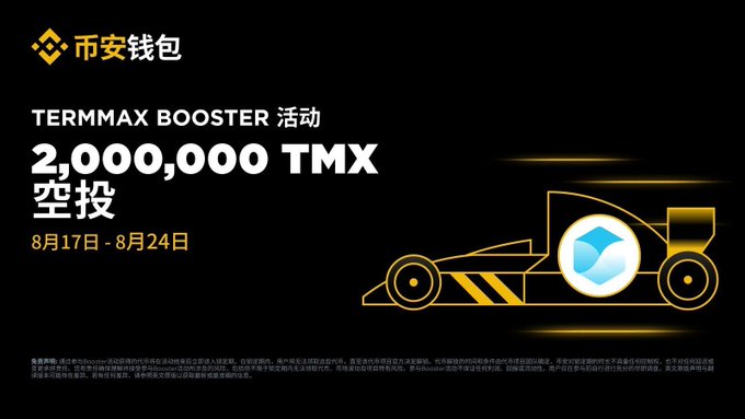 The image is a promotional banner for a TermMax Booster event on Binance Wallet, advertising a 2,000,000 TMX token airdrop from August 17 to August 24, with a yellow race car graphic displaying the Binance logo. The visual reinforces the post's announcement about the booster event and its airdrop reward.