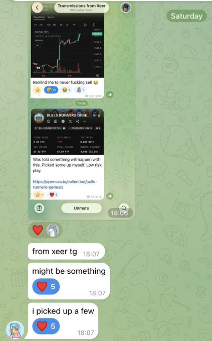 A Telegram chat screenshot from 'Transmissions from Xeer' showing messages about 'BULLS RUNNERS GENE' token, with reactions and replies about buying the dip.