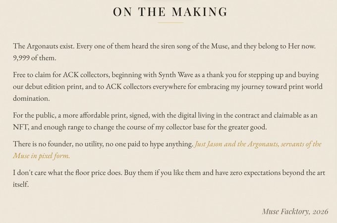 An announcement titled 'ON THE MAKING' from Muse Facktory, 2026, describing a collection of 9,999 'Argonauts' NFTs, with a highlighted phrase: 'Just Jason and the Argonauts, servants of the Muse in pixel form.'