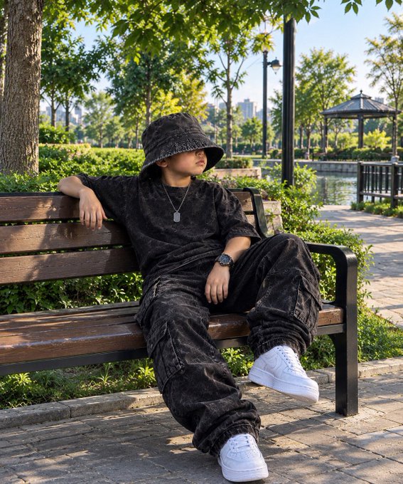 A young man in an all-black outfit, including a bucket hat and cargo pants, lounging on a park bench in white sneakers.