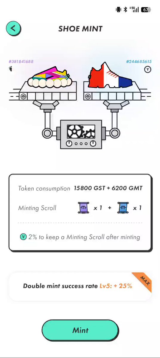 The image shows a white screen displaying an app called "Shoe Mint". The app has a colorful design featuring shoes and two different shoe types placed next to each other, possibly for comparison or contrasting purposes. A green button with a plus sign is located at the bottom right corner of the screen.