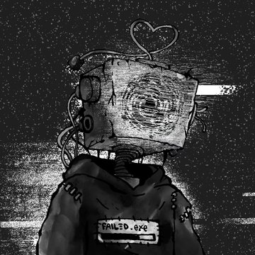 Black-and-white dystopian artwork of a robot-like figure with a TV/box head showing a heart symbol and glitchy screen, wearing a hoodie labeled 'FAILED_BNB' against a starry background.