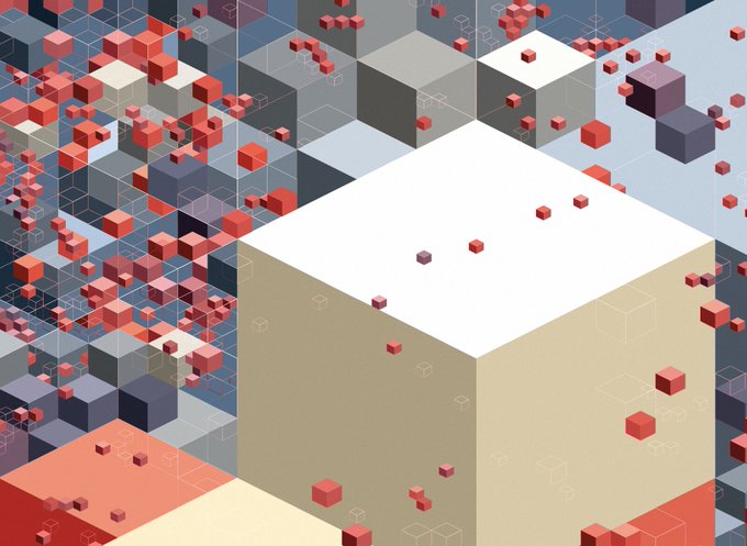 An isometric digital illustration showing a large central white cube surrounded by numerous smaller red cubes scattered across a grid of gray, blue, and beige blocks.