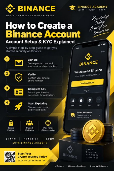 An infographic titled 'How to Create a Binance Account - Account Setup & KYC Explained' outlines four steps: Sign Up, Verify, Complete KYC, and Start Exploring, alongside an image of a smartphone displaying the Binance app and the tagline 'Knowledge today A brighter tomorrow'.