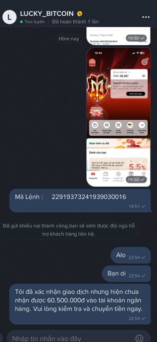 A Telegram chat with LUCKY_BITCOIN displays a successful transaction screenshot, with the user confirming receipt of 60,500,000 VND and requesting the remaining balance be transferred.