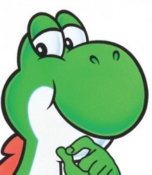 A green cartoon dinosaur, resembling Yoshi from the Mario franchise, smiles and gives a thumbs-up. The image appears alongside an "AI Fundamentals Quiz" post asking about the famous 1950 test to determine if a machine can think like a human (the Turing Test), seemingly unrelated to the dinosaur's cheerful gesture.