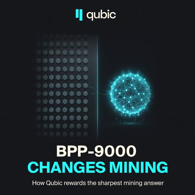 The image is a promotional graphic for Qubic featuring a dark background with the Qubic logo at the top, a grid of hexagonal shapes on the left, and a glowing cyan network sphere on the right, accompanied by the text "BPP-9000 CHANGES MINING - How Qubic rewards the sharpest mining answer," which visually reinforces the post's message about the shift from rewarding the most mining answers to rewarding the best one, highlighting Qubic's pivot toward improved AI performance.