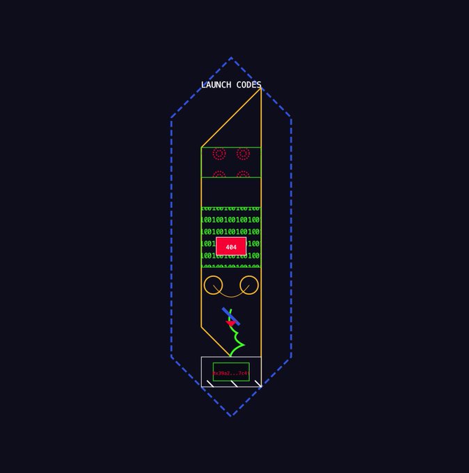 A pixelated graphic labeled "LAUNCH CODES" displays a stylized computer interface featuring red dotted circles, green binary code, a "404" indicator, and the message "u>Rsa2.../o1," alongside the Twitter handles @Nofraction and @883cooper—evoking glitch art aesthetics in line with the post's cryptic question about "Tape T Is In The System" on SuperRare.
