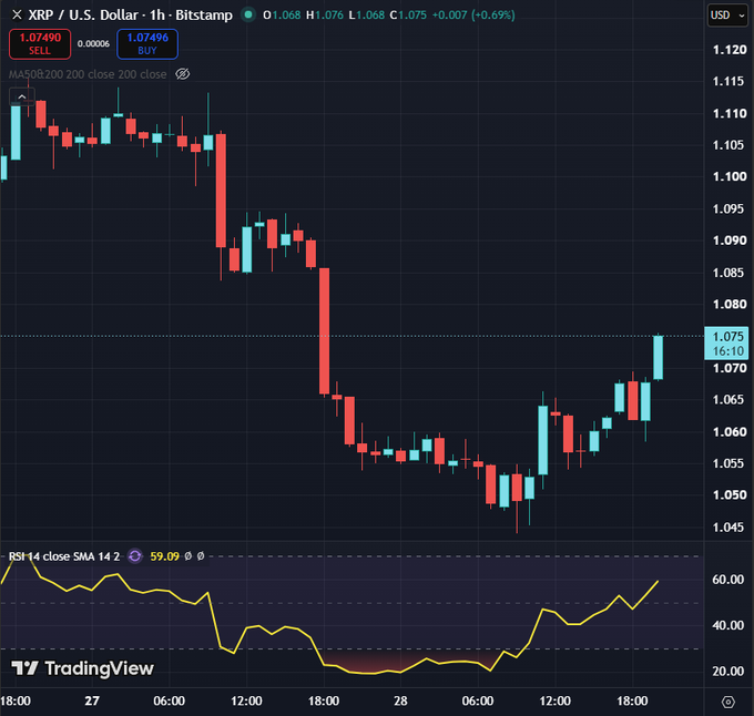 A 1-hour candlestick chart of XRP/USD on Bitstamp showing price recovery from a low near $1.045 back up to $1.075 (+0.69%), with RSI14 at 59.09 confirming the bullish momentum referenced in the post's "PUMP IT XRP" call.
