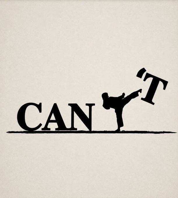 A minimalist black and white graphic showing a silhouette of a martial artist executing a high kick that forms the apostrophe and 'T' in the word 'CAN'T'.