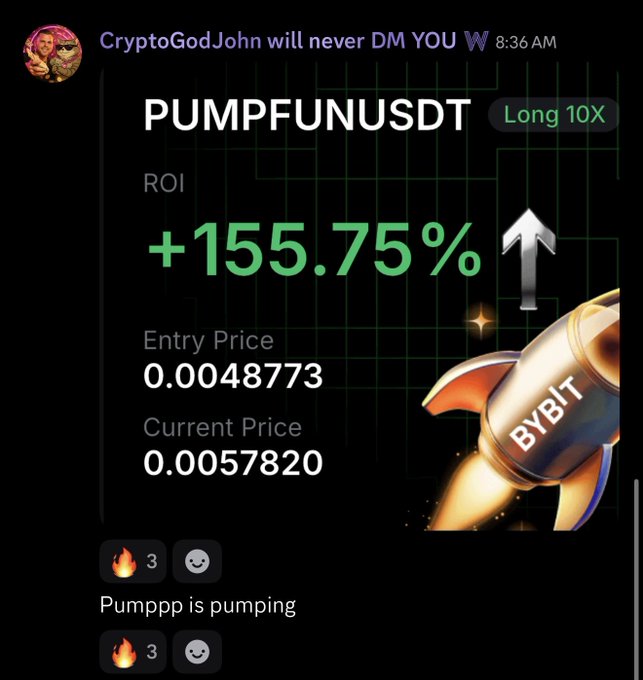 A Discord message from "CryptoGodJohn will never DM YOU" at 8:36 AM shows a PUMPUNUSDT Long 10X trade achieving a +155.75% ROI, with an entry price of 0.0048773 and current price of 0.0057820, captioned "Pumppp is pumping"—celebrating the profitable $PUMP long position mentioned in the post.