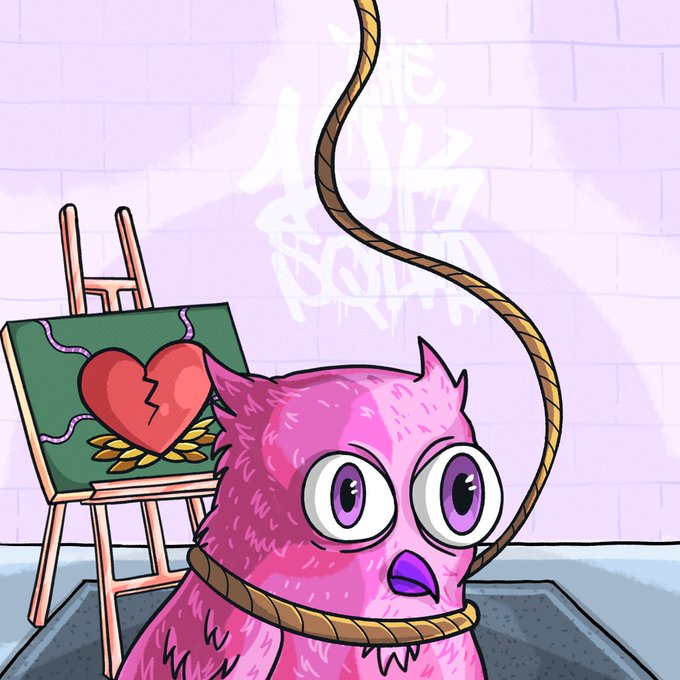 A pink, fuzzy creature with wide purple eyes is caught in a hangman's noose, standing before an easel displaying a painting of a broken red heart framed by a laurel wreath. The artwork ties into the post's message by visually mocking romance as a hollow, dying tradition, with the broken heart symbolizing love's fragility and the ominous noose reinforcing that romance is "a very unserious invention."