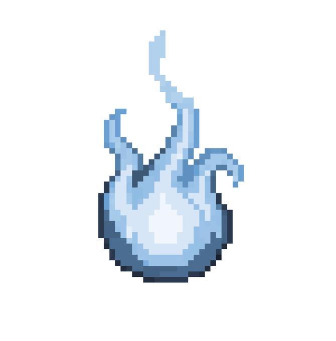 A pixel art illustration of a blue flame with a lighter blue center against a white background.